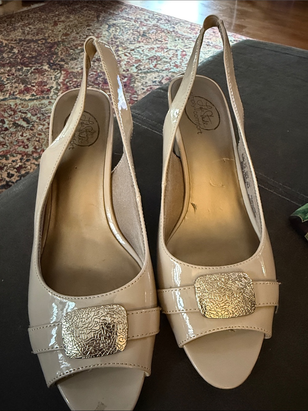 Life Stride Beige Patent Slingback Heels with Gold Buckle
